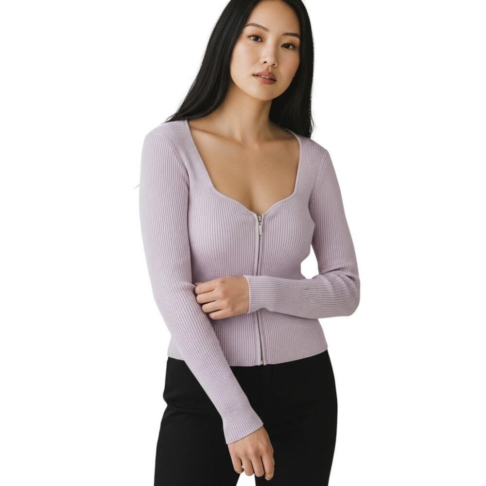 Pink Rose Ribbed Knit Sweater, Front Zip Long Sleeve Cardigan, Womens Sz M, New